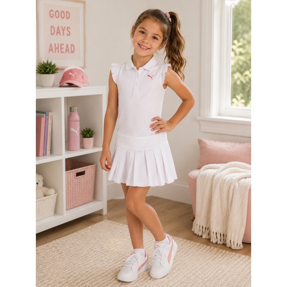 Puma Girls Polo Dress Size 5 White Pink‎ Logo Pleated Tennis Sporty Preppy Golf